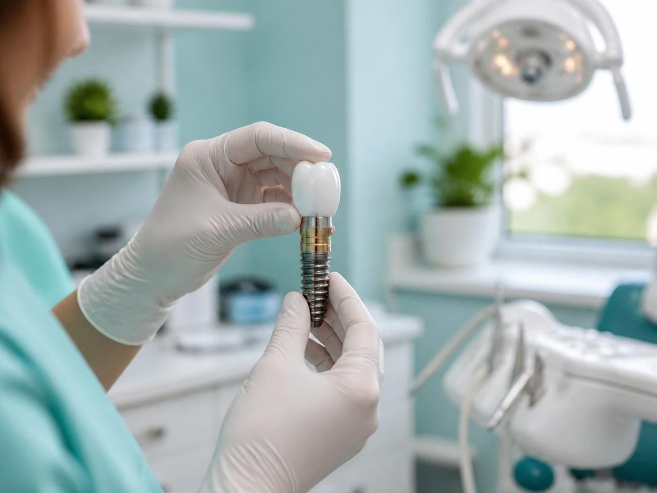 Titanium dental implant with ceramic crown held in the clinic