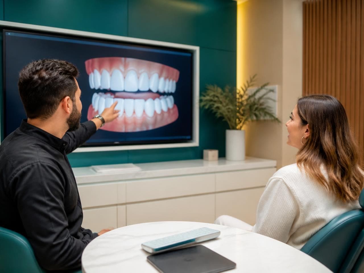Digital smile design simulation reviewed with the patient on screen