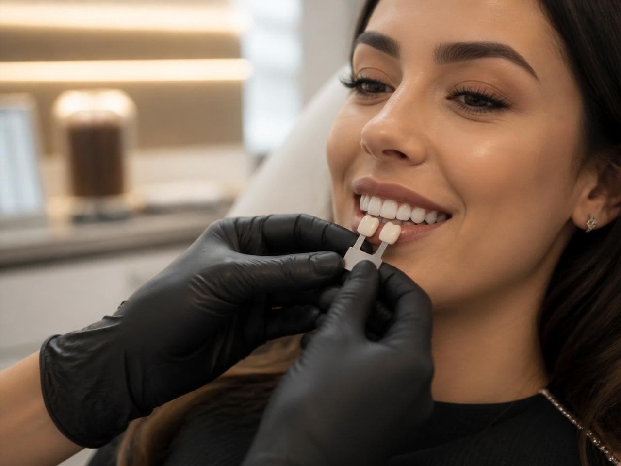 Porcelain veneer shade being matched against a patient's front teeth